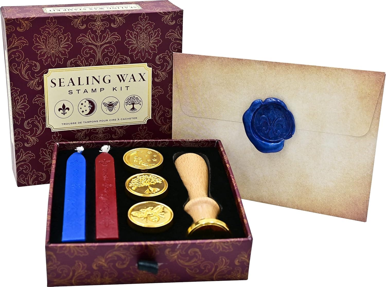 Peter Pauper Press Sealing Wax Stamp Kit (4 Seals, Wood Handle and 2 Wax Sticks)