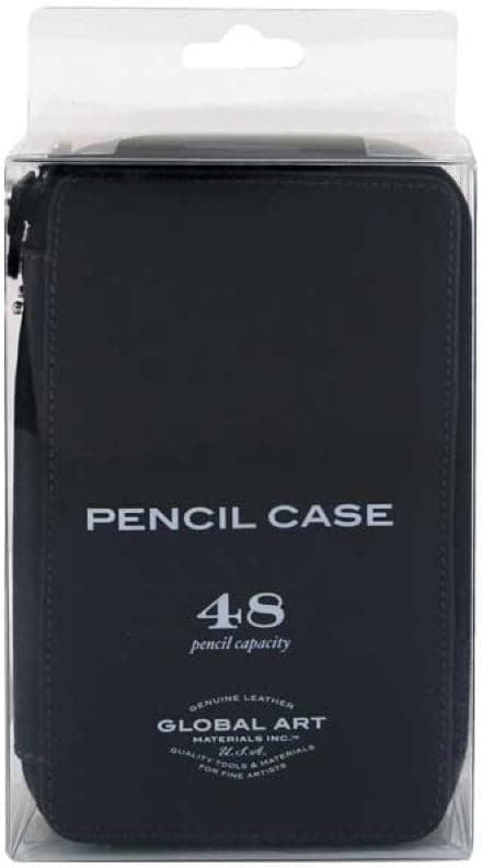 Global Art Genuine Leather Pencil Case, 48 Pencil Capacity, Black