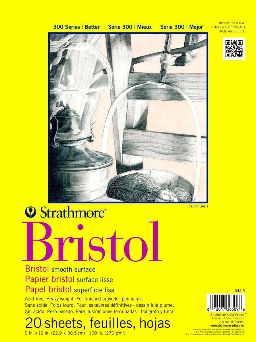 Strathmore 300 Series Bristol Paper Pad, Smooth, Tape Bound, 9x12 inches, 20 Sheets (100lb/270g) - Markers, Pen and Ink
