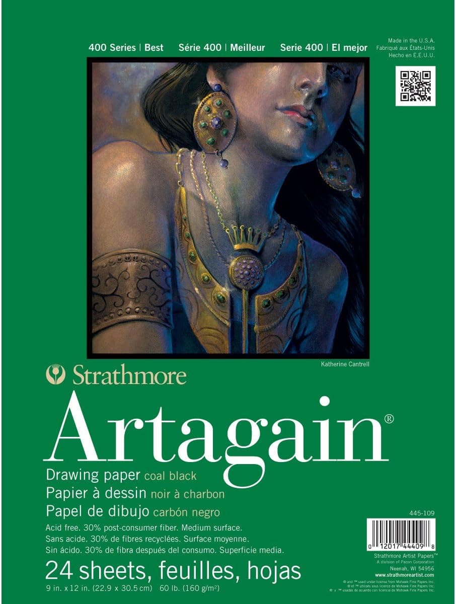 Strathmore 400 Series Artagain Pad, Coal Black Paper, Glue Bound, 9x12 inches, 24 Sheets - Pastel & Charcoal