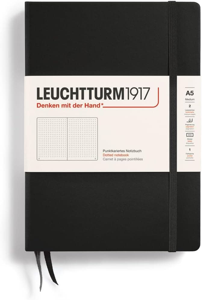 LEUCHTTURM1917 Notebook Hardcover Medium A5 - 251 Numbered Pages for Writing and Journaling (Black, Dotted)
