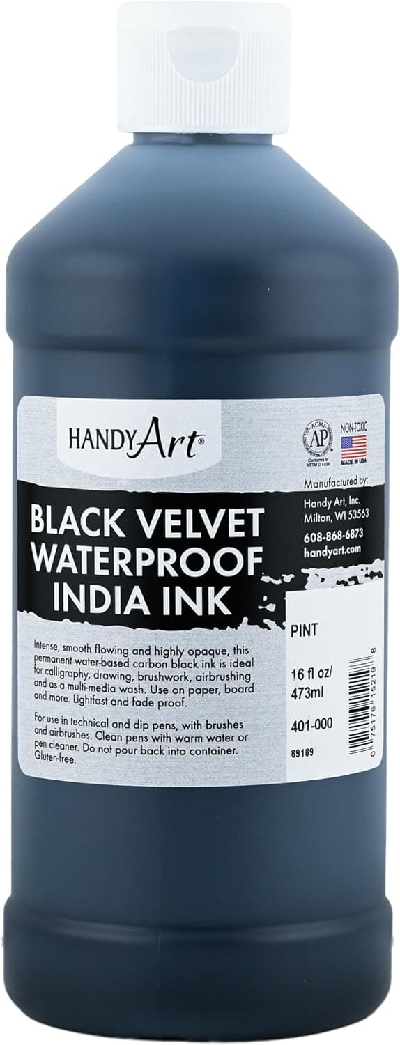 Handy Art Black Velvet Waterproof India Ink, 16 Fl Oz, Matte Black, Permanent, for Technical Pens, Dip Pens, Calligraphy