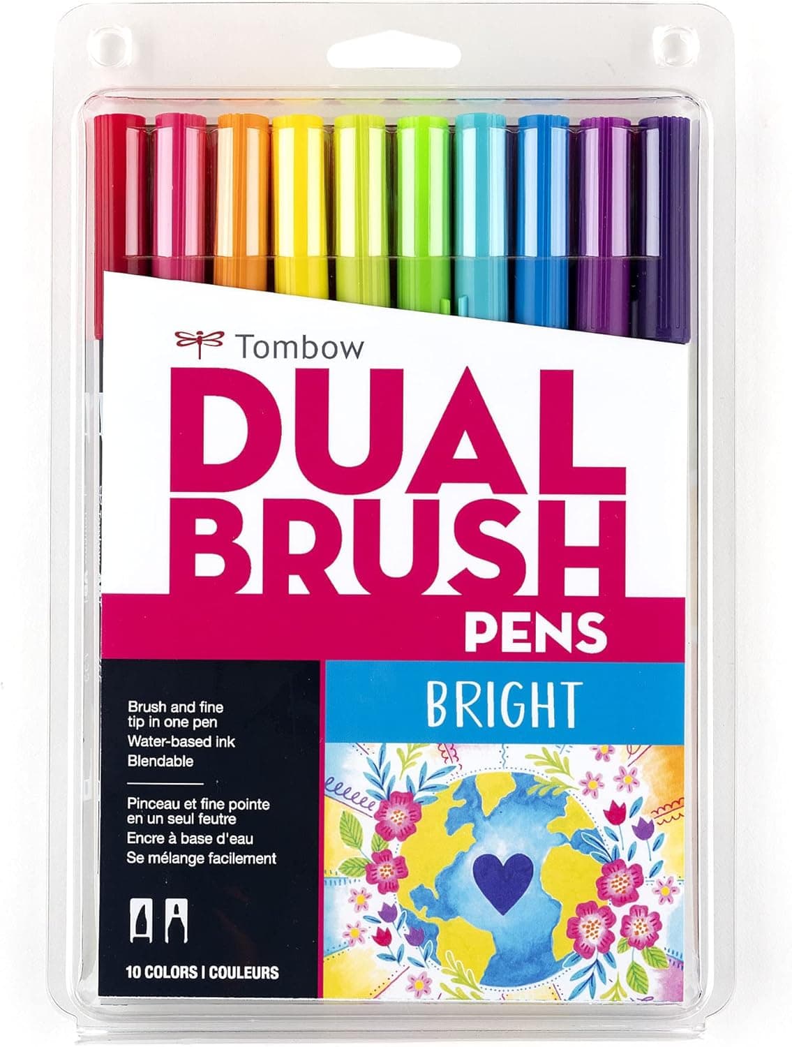 Tombow 56185 Dual Brush Pen Art Markers, Bright, 10-Pack - Blendable, Brush and Fine Tip