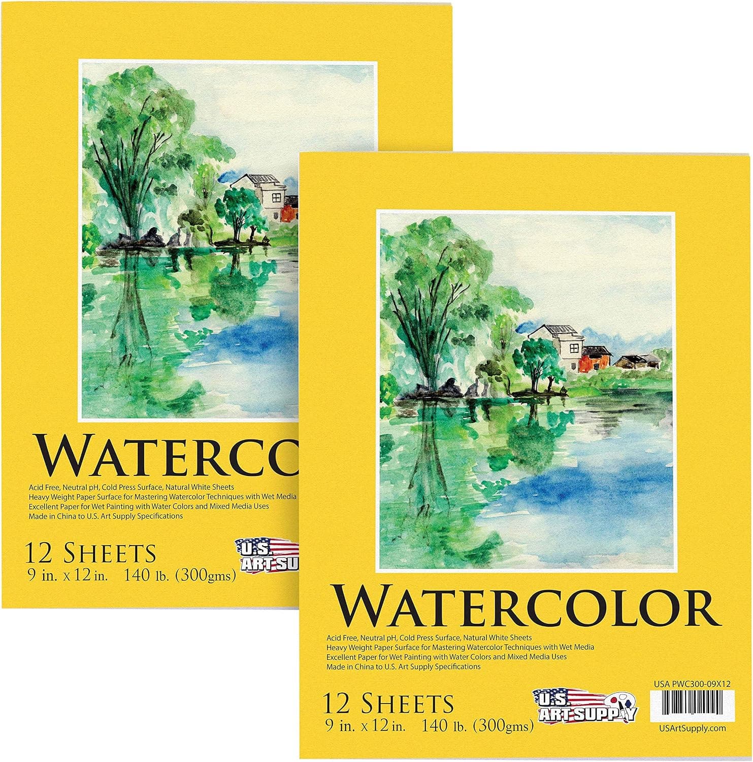 U.S. Art Supply 9 x 12 Inch Premium Heavyweight Watercolor Paper Pad, Pack of 2 (12 Sheets Each), 140lb (300gsm) - Cold Pressed, Acid-Free