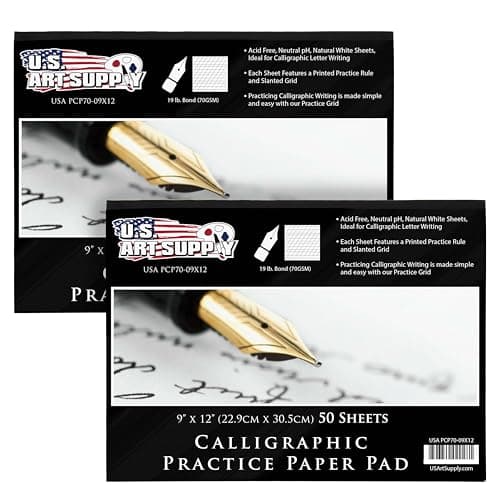 U.S. Art Supply 9" x 12" Calligraphy Practice Paper Pad (70gsm), 2-Pack | 19lb Bond, Pad of 50 Sheets (100 Total) with Printed Slanted Grid - Calligraphy Practice Book for Beginners