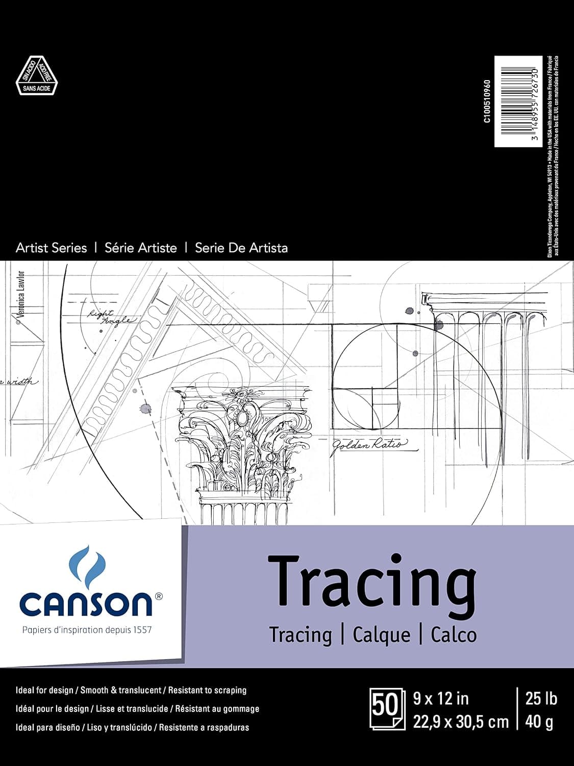 Canson Foundation Tracing Paper Pad for Ink, Pencil and Markers, Fold Over, 25 Pound, 9 x 12 Inch, 50 Sheets
