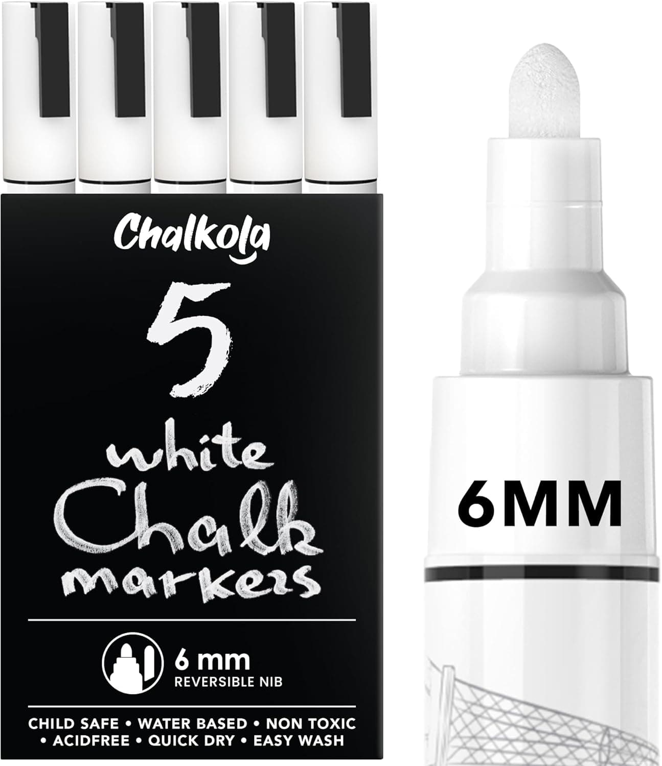 Chalkola White Chalk Markers, 5 Pack 6mm, Liquid Chalkboard Markers Erasable