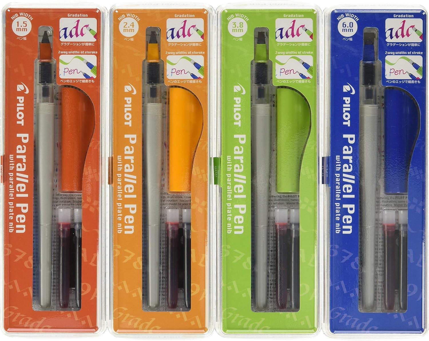 PILOT Parallel Calligraphy Pen Set, 1.5mm, 2.4mm, 3.8mm and 6mm with Bonus Ink Cartridge (P9005SET)
