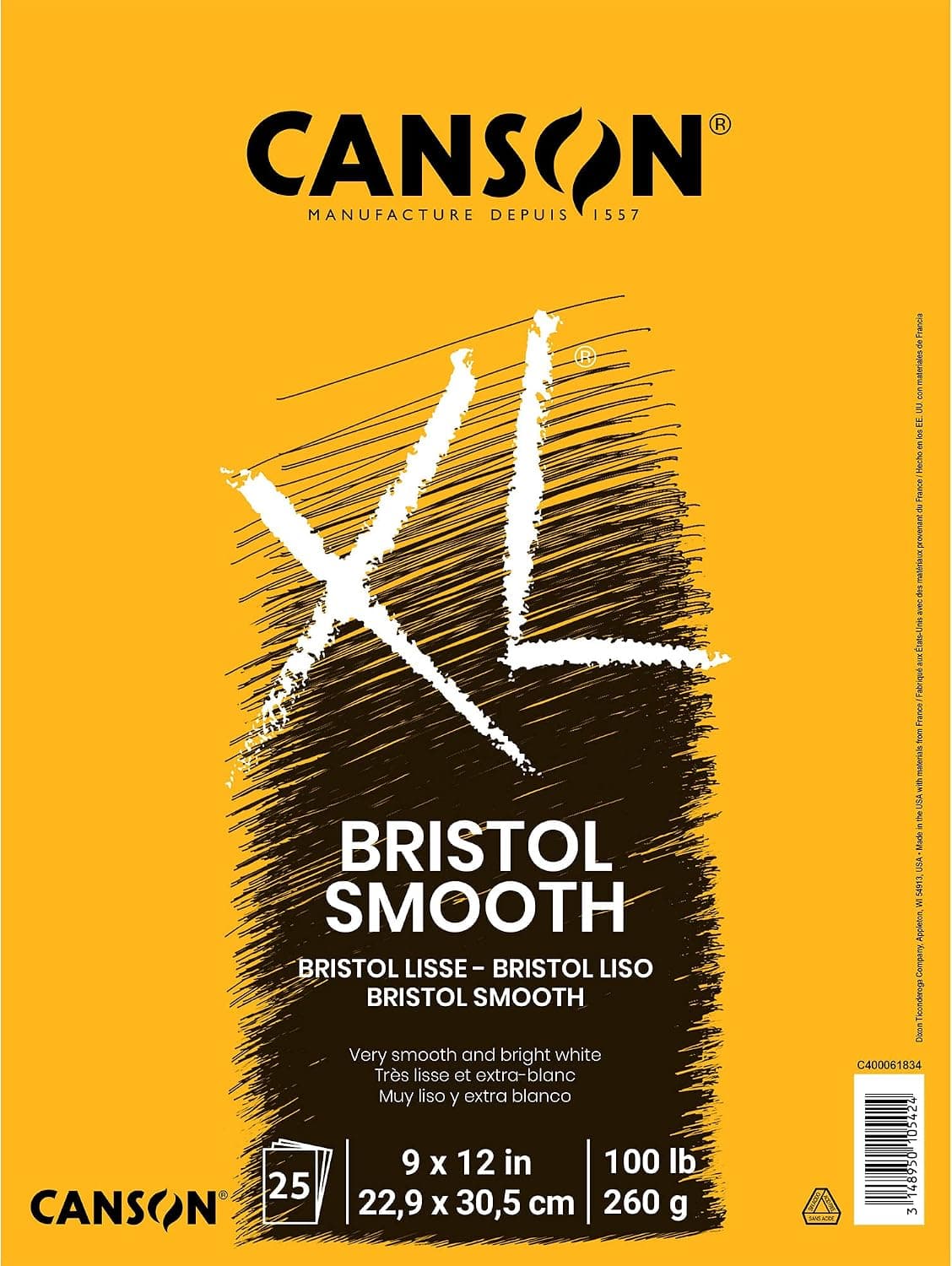 Canson XL Series Bristol Paper, Smooth, Foldover Pad, 9x12 inches, 25 Sheets (100lb/260g) - Artist Paper for Markers, Pen and Ink
