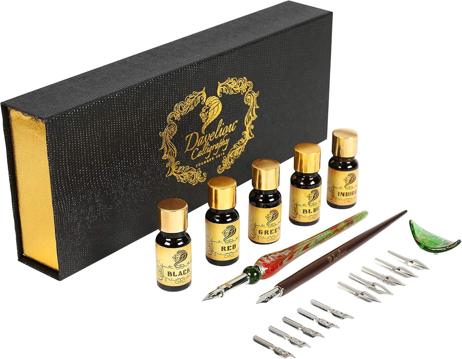 DAVELIOU 20-Piece Complete Calligraphy Set with Pens, Inks, Nibs and Case (Black & Gold)