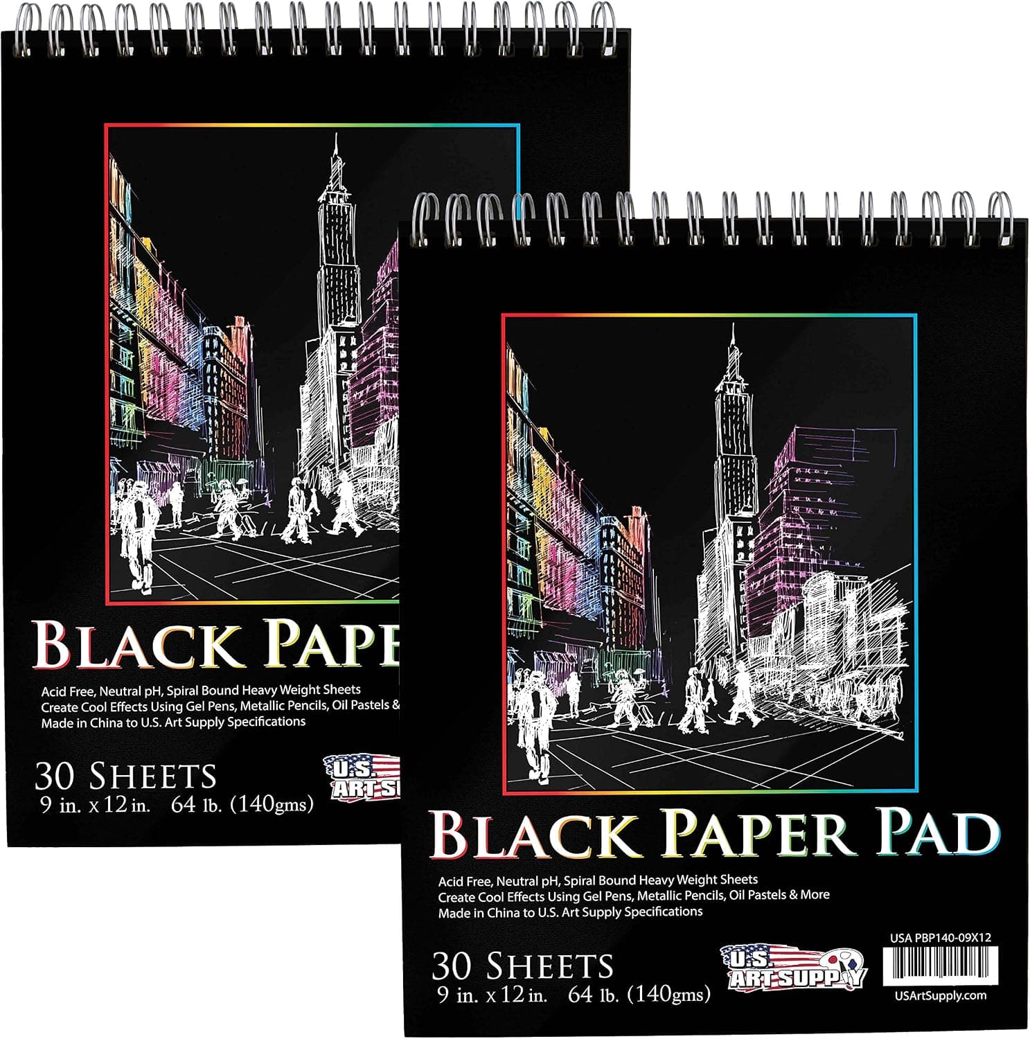 U.S. Art Supply 9x12 Premium Heavy-Weight Black Paper Sketchbook, 64lb (140gsm), 2 Pack, 30 Sheets, Spiral Bound - for Colored Pencil, Markers, Oil Pastels, Chalk