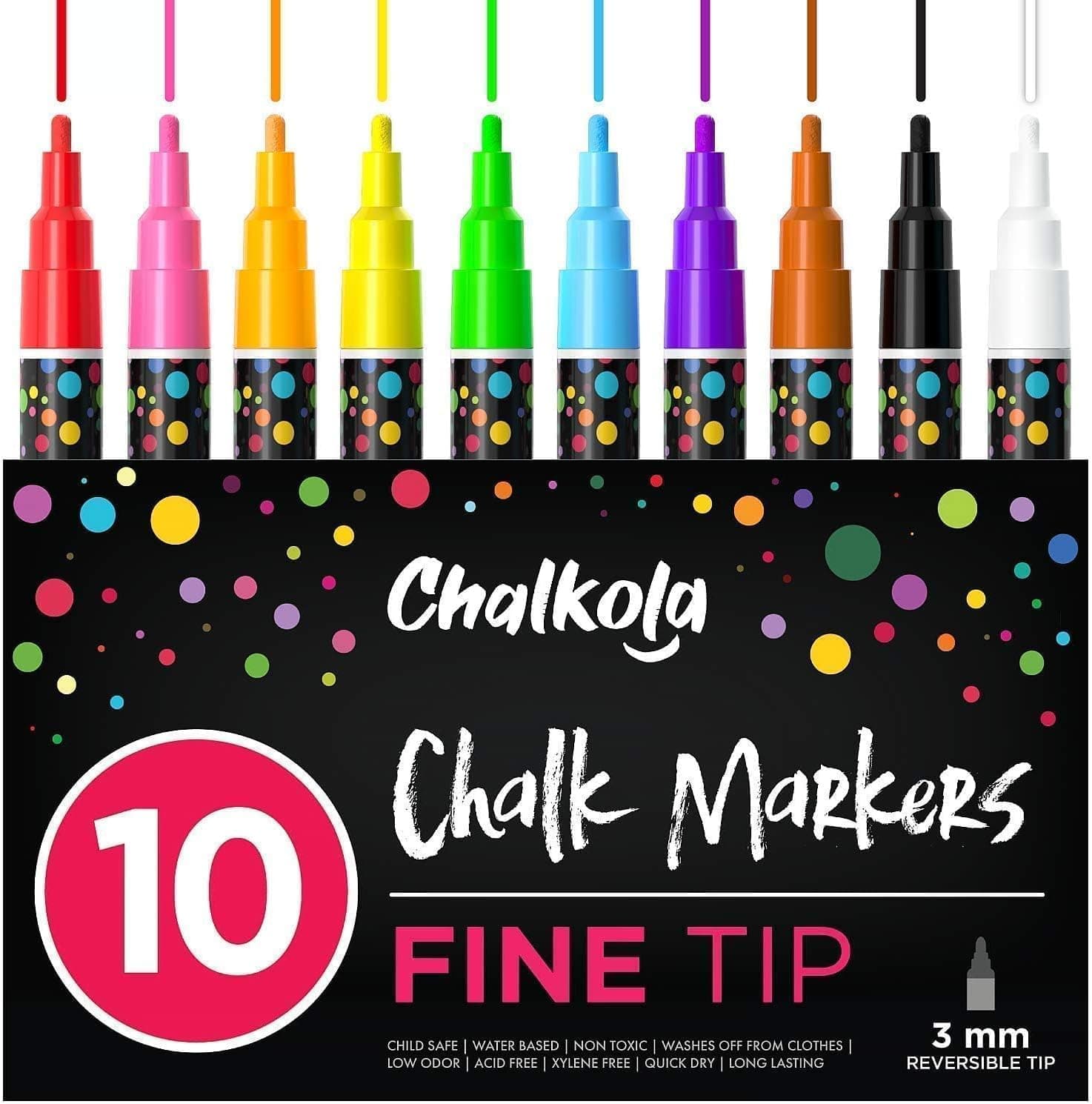 Chalkola 10 Fine Tip Liquid Chalk Markers, 3mm Reversible Tip for Chalkboard Signs