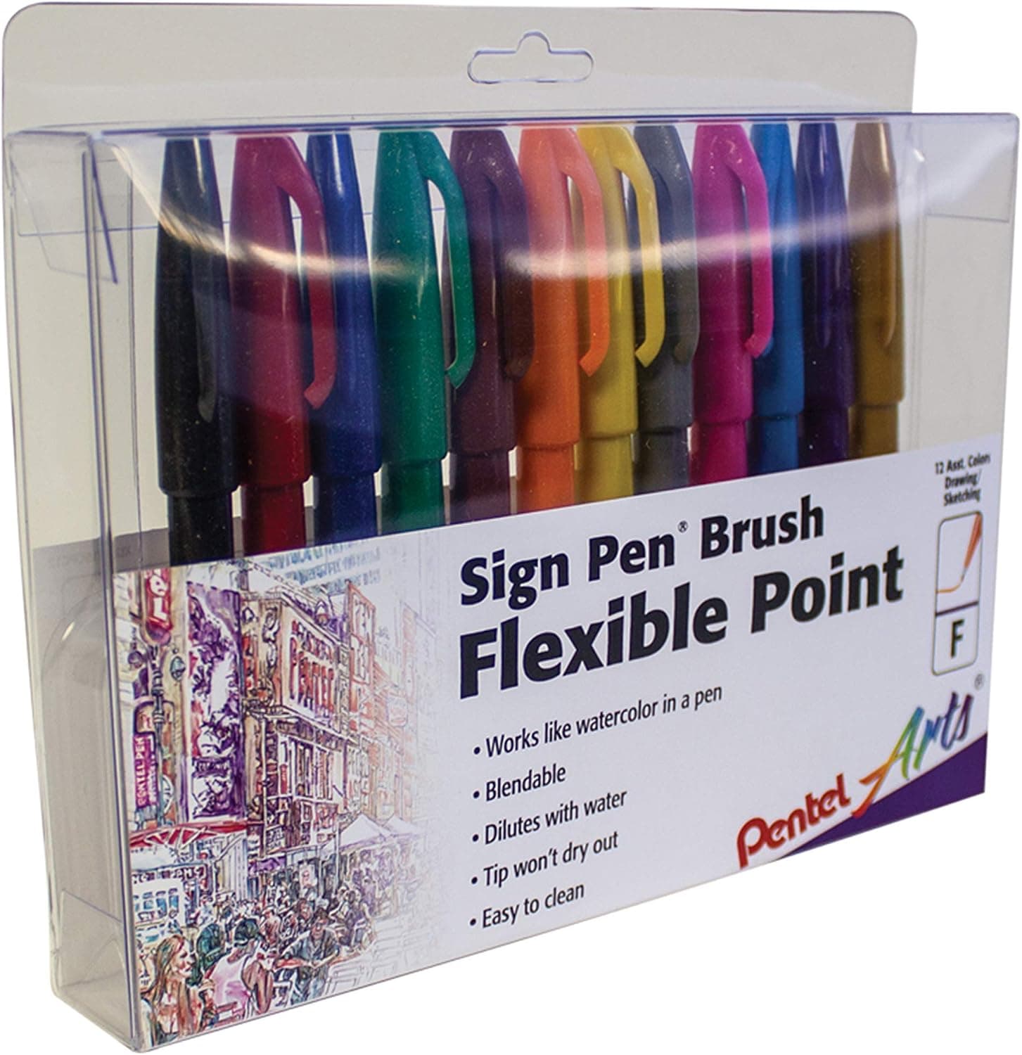 Pentel Arts Sign Pen Touch, Fude Brush Tip, 12 Assorted Colors (SES15CPC12)
