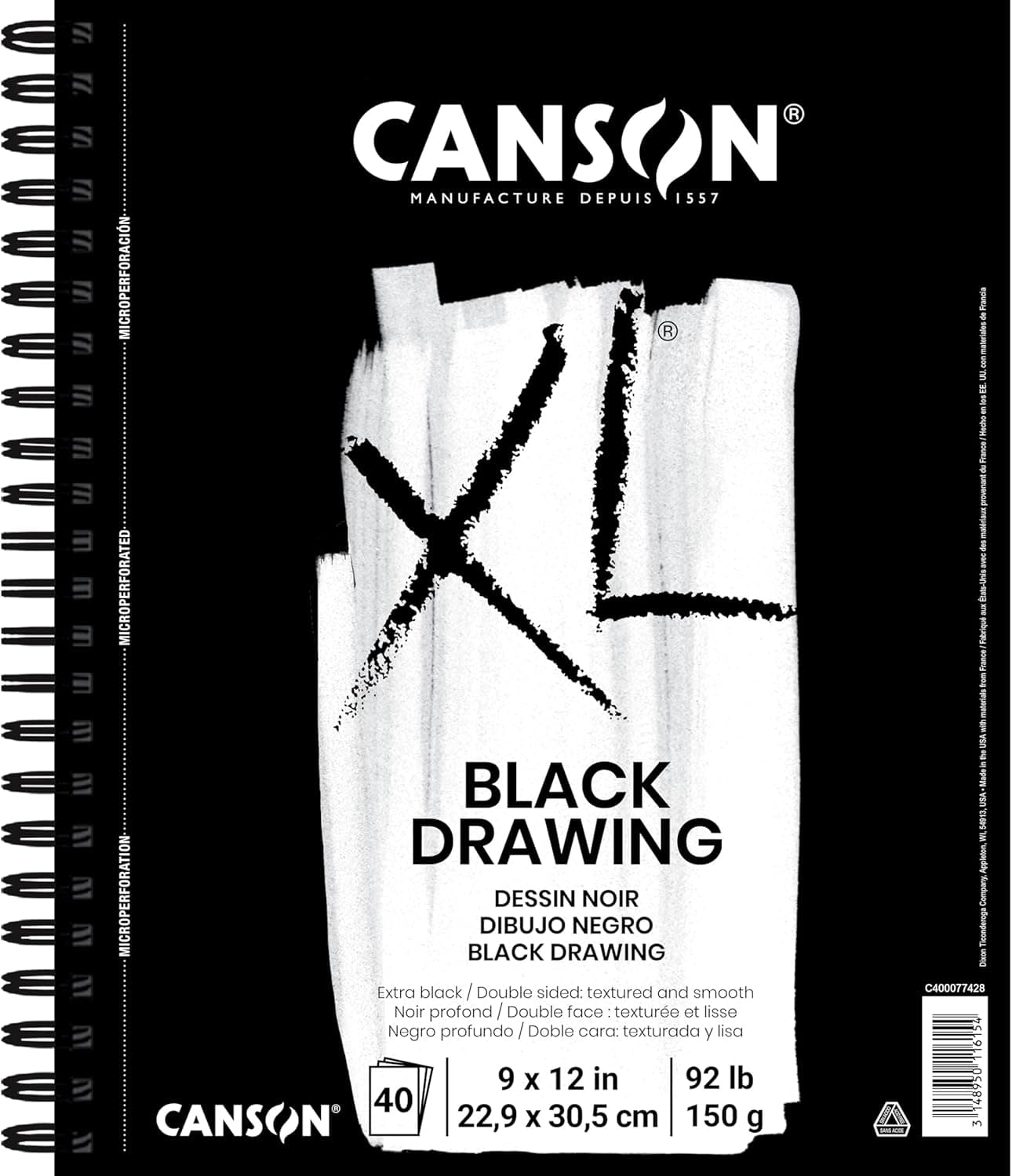 Canson XL Series Drawing Paper, Black, Wirebound Pad, 9x12 inches, 40 Sheets (92lb/150g) - Colored Pencil, Ink, Pastel, Marker