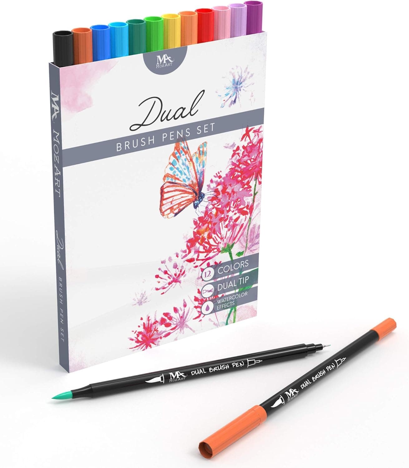 MozArt Supplies Dual Tip Brush Pen Marker Set, 12 Colors Calligraphy Markers