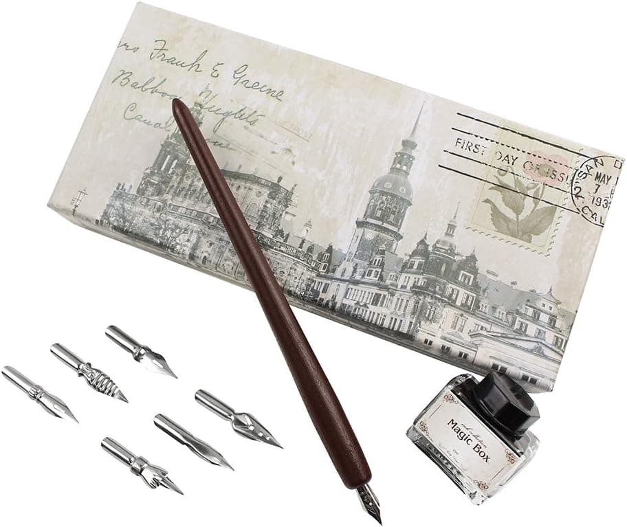 FEATTY Dip Pen for Drawing with Ink - Antique Wooden Calligraphy Kit with 6 Replaceable Nibs