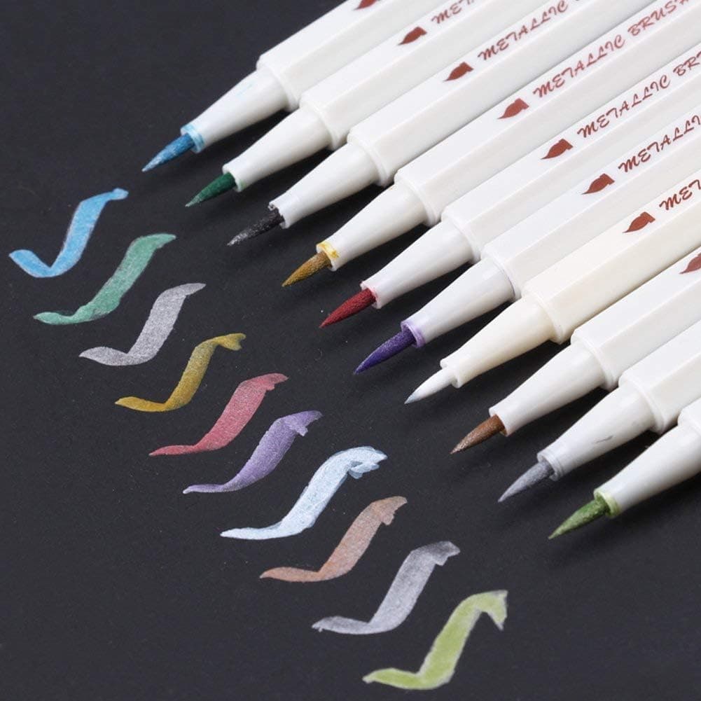 Metallic Calligraphy Brush Marker Pens, Set of 10 Colors for Brush Lettering and Card Making