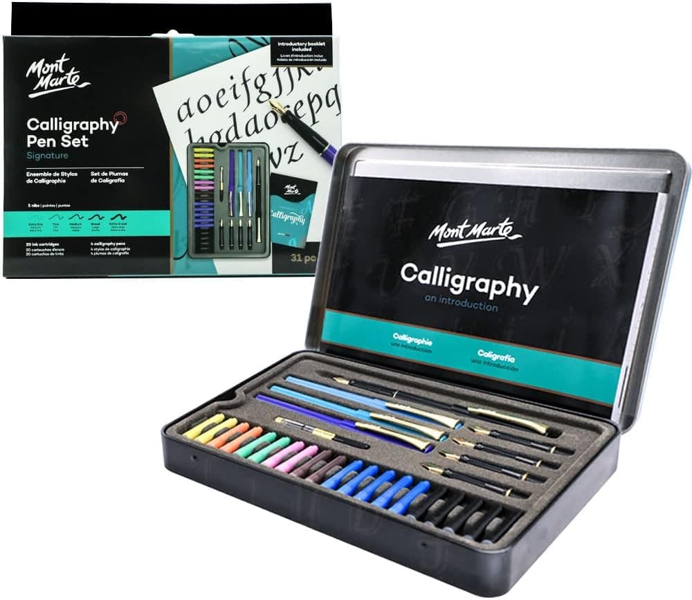 Mont Marte Calligraphy Set, 32 Piece with Pens, Nibs, Ink Cartridges and Booklets