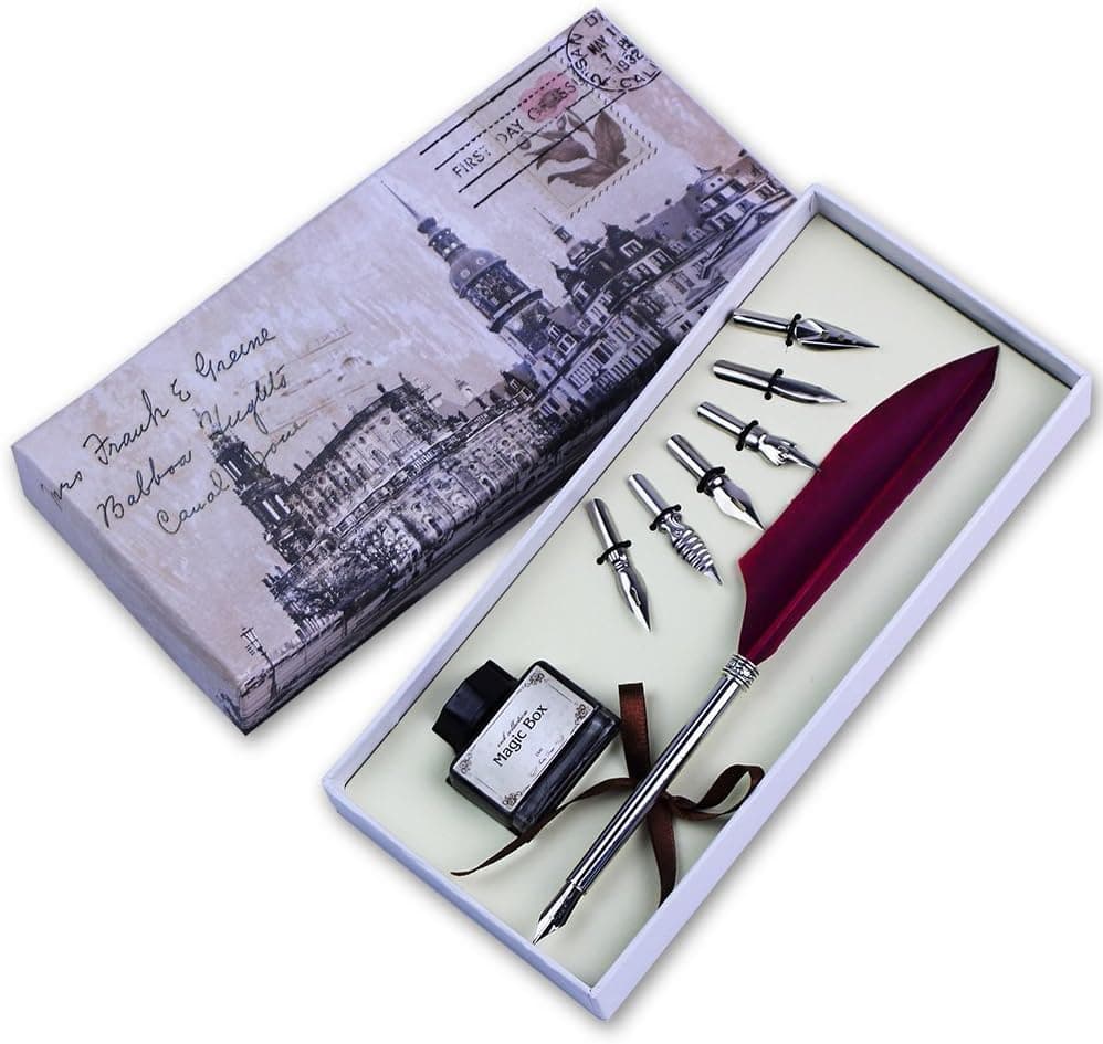 Calligraphy Pen Set - Feather Quill Pen Set Antique Dip Feather Pen with 6 PCS Nibs and Ink (Red)