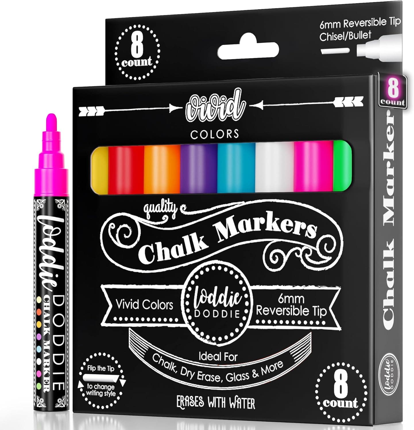 Loddie Doddie Liquid Chalk Markers, 8-Pack, 6mm Dual Tips for Blackboard and Chalkboard Paint
