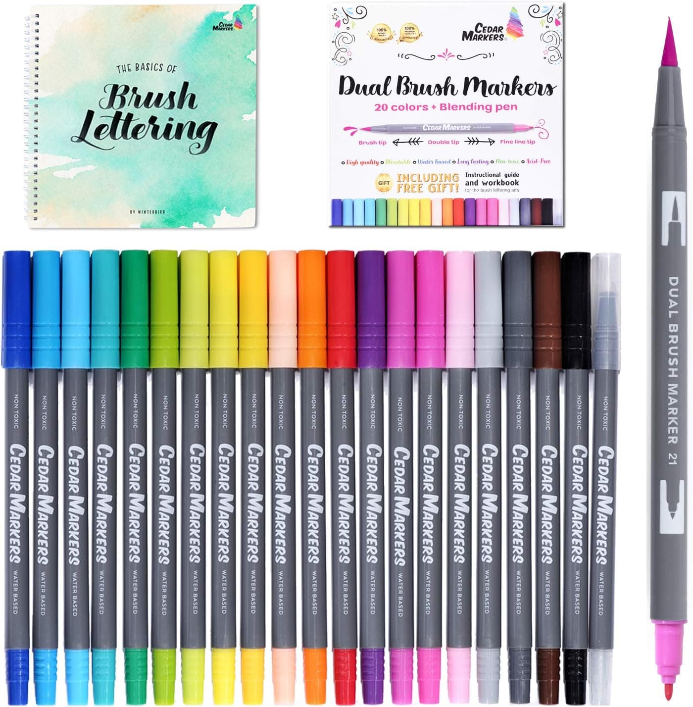 Cedar Markers Dual Tip Brush Pens, 21 Calligraphy Pen Set with Hand Lettering Guide Book