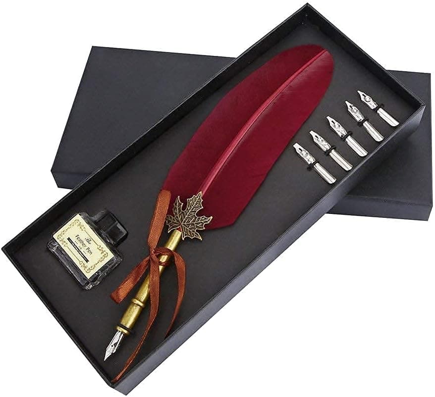 OPENDGO Vintage Feather Quill Pen and Ink Set, Feather Dip Pen with Ink and 5 Nibs