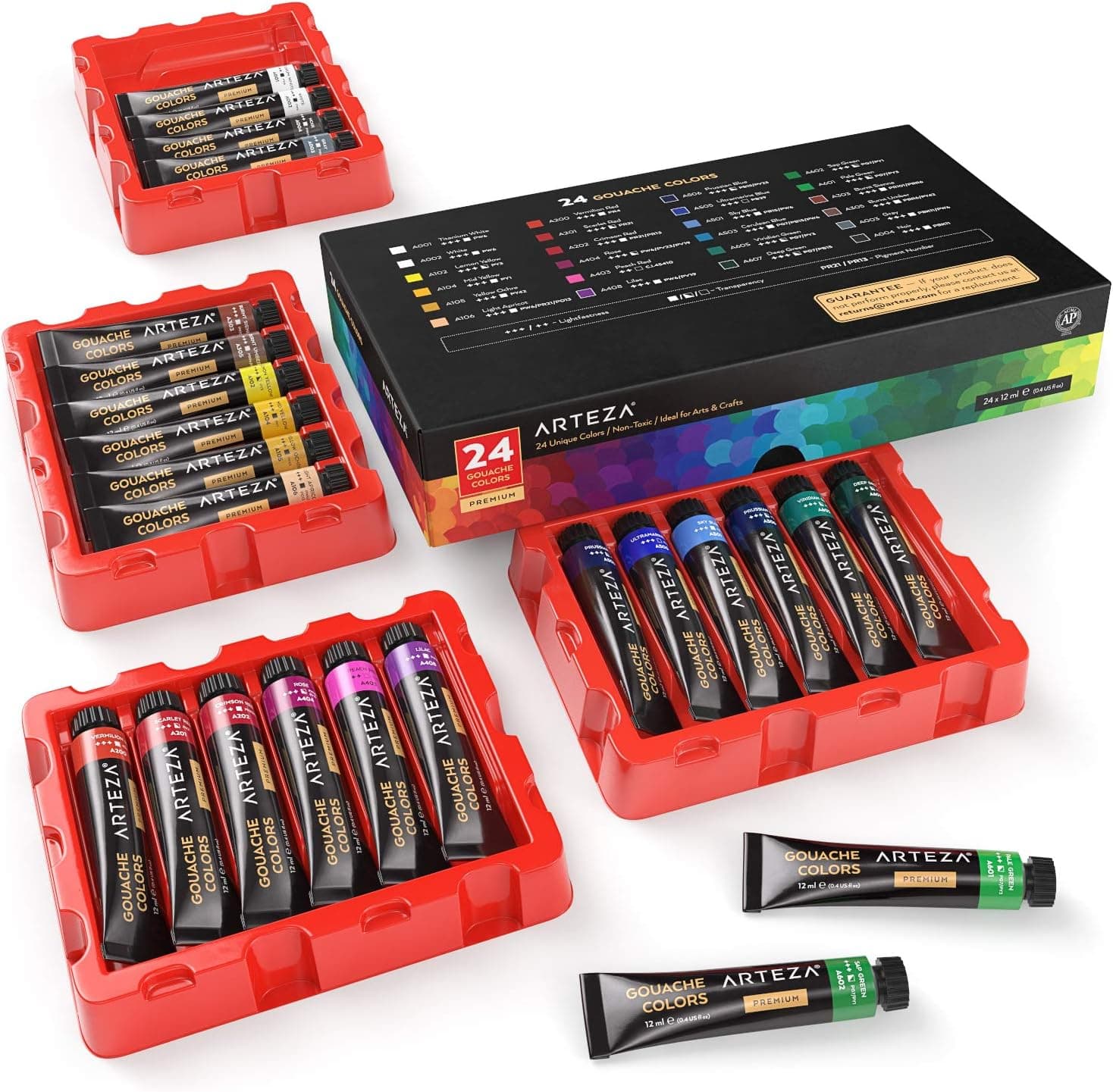 ARTEZA Gouache Paint, Set of 24, 12ml Gouache Paint Tubes