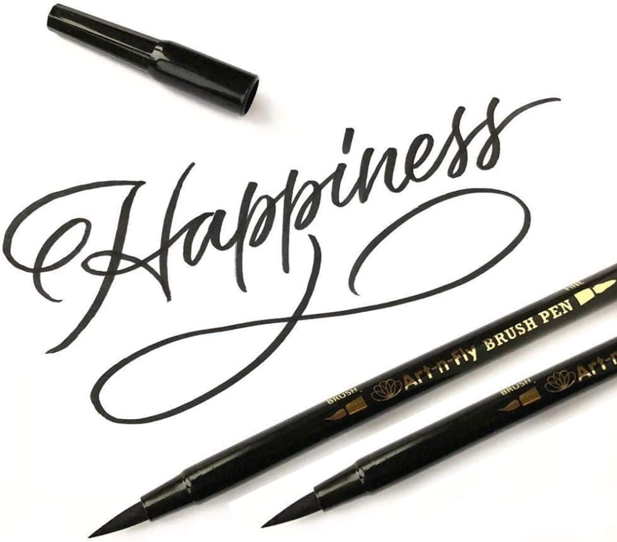 Art-n-Fly 2 Pack Dual Tip Black Brush Pens for Lettering and Calligraphy