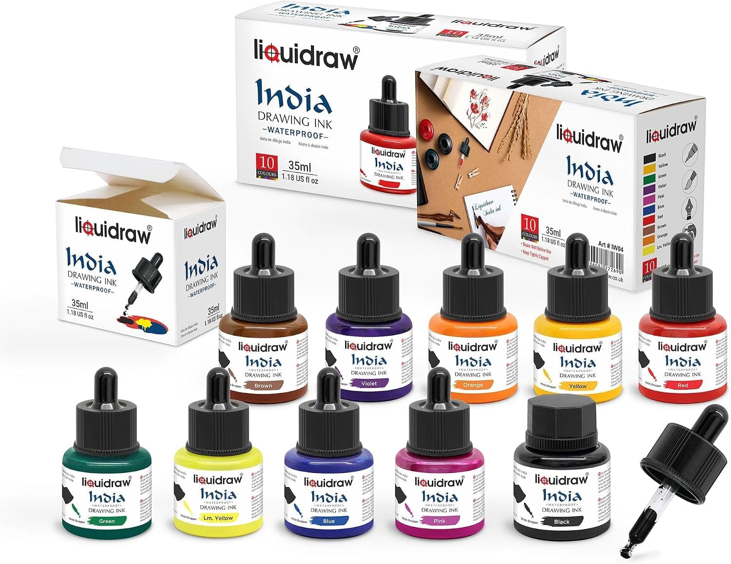 Liquidraw Drawing Ink Set of 10 Colored India Ink Bottles 35ml Waterproof Assorted Colors for Art, Calligraphy, Dip Pens