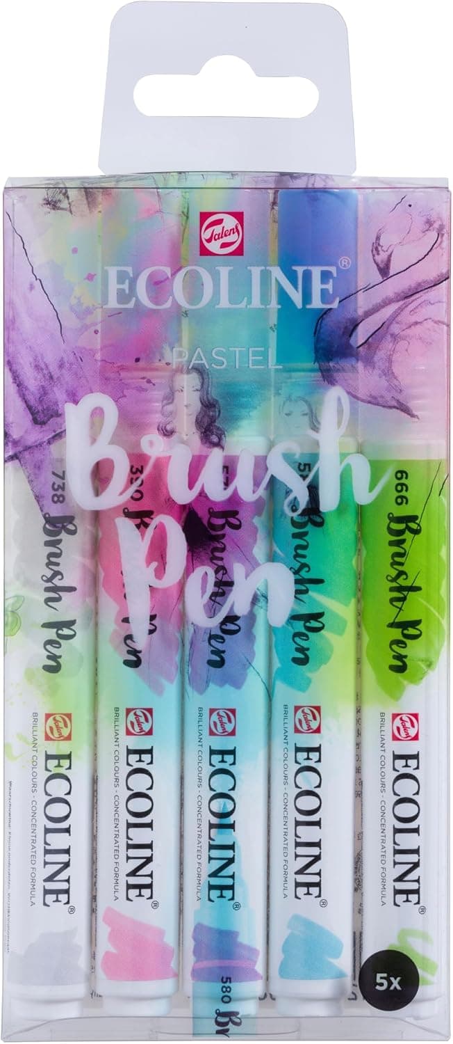 Ecoline Brush Pen Set, 5-Piece Pastel Set, Liquid Watercolor Brush Pens
