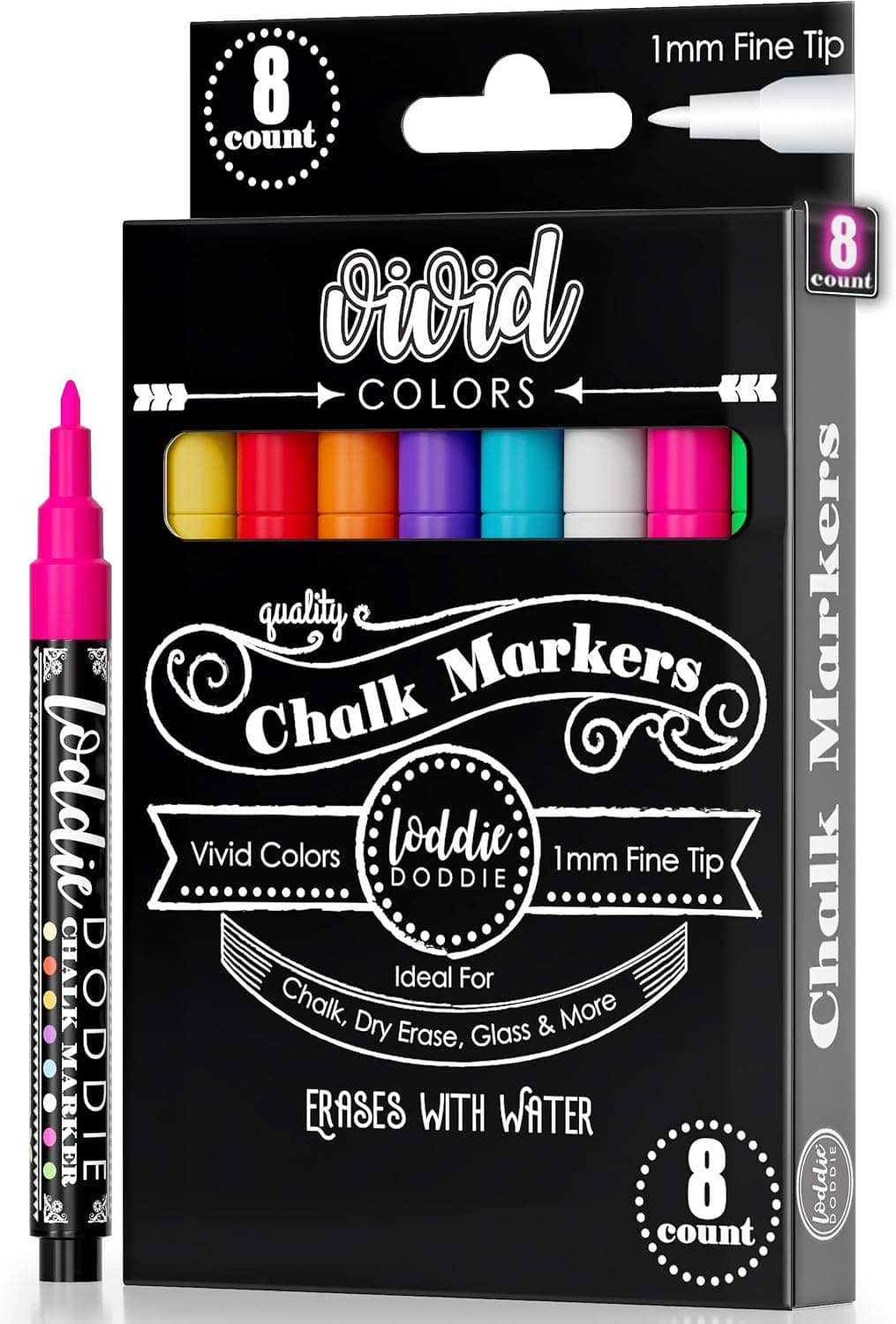 Loddie Doddie Fine Tip Liquid Chalk Markers, Pack of 8, 1mm Precision Chalk Pens