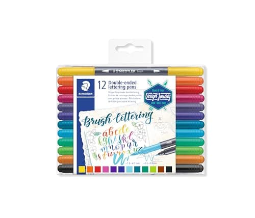 Staedtler Double-ended Brush Marker Brush Letter Duo, Creative Lettering, Flexible and Fine Tip, Blendable Ink, Set of 12 Assorted Colors, 3004TB12A6