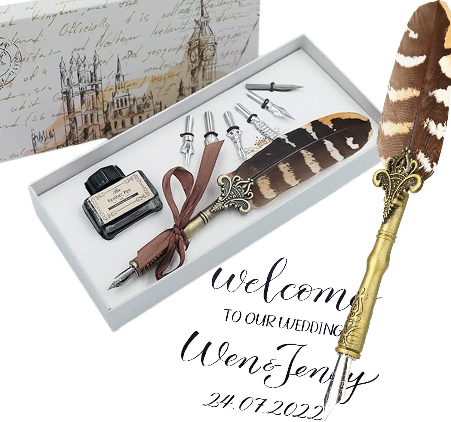 HOHUHU Quill Pen and Ink Set - Feather Pen with Ink and 6pcs Nibs, Calligraphy Pens for Beginners (HO-Q-300)