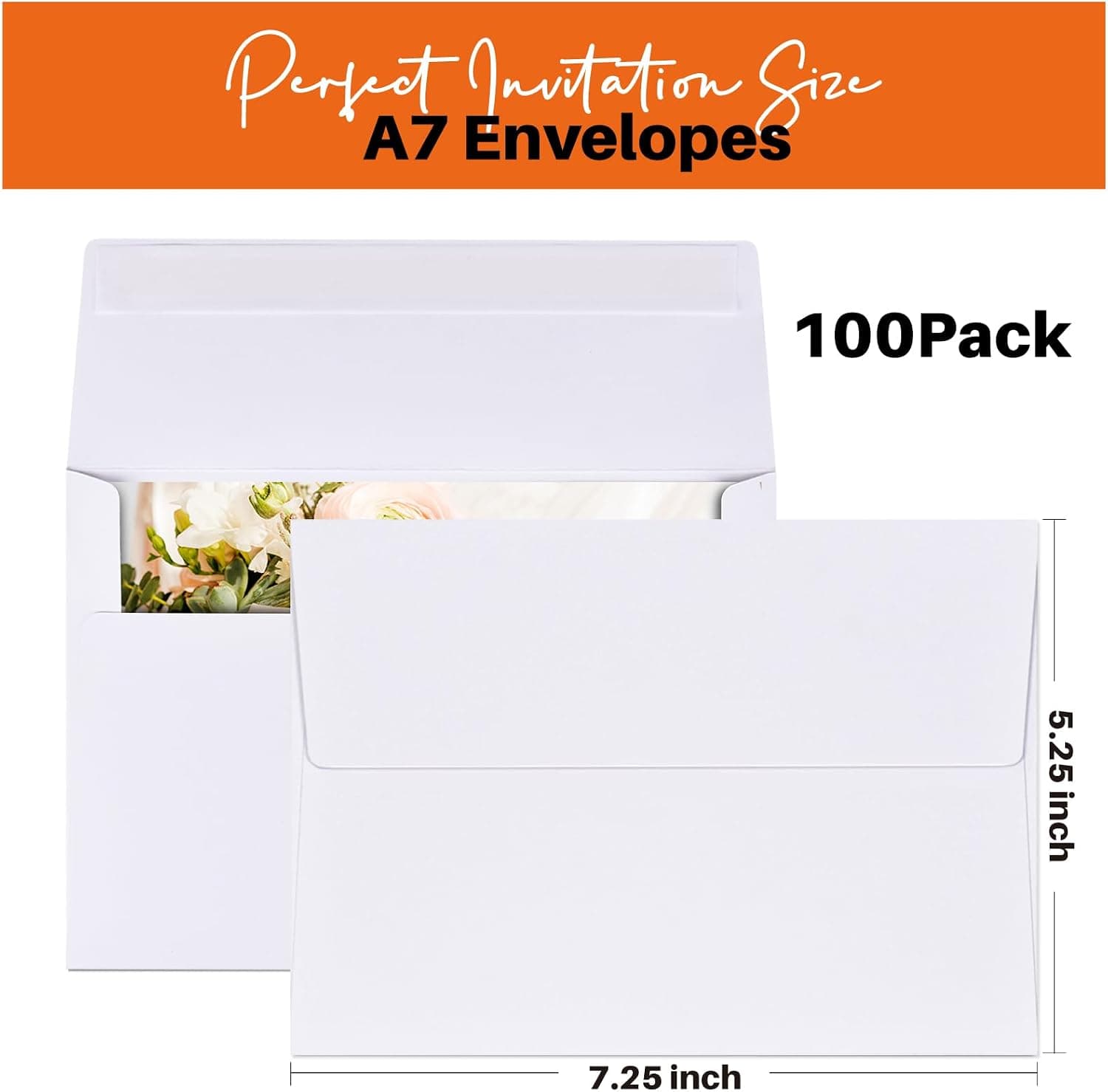 AZAZA A7 Printable White Envelopes 5x7, 100 Pack, Quick Self Seal, for 5x7 Cards, Weddings, Invitations, 5.25 x 7.25 inches