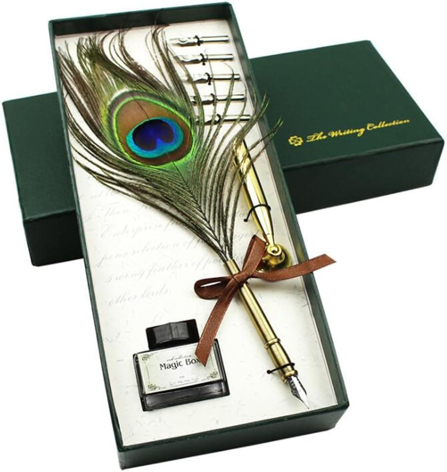 Feather Quill Pen Ink Set - Vintage Peacock Feather Pen with Holder, 5pc Metal Pen Nib Calligraphy Pen Set for Beginners