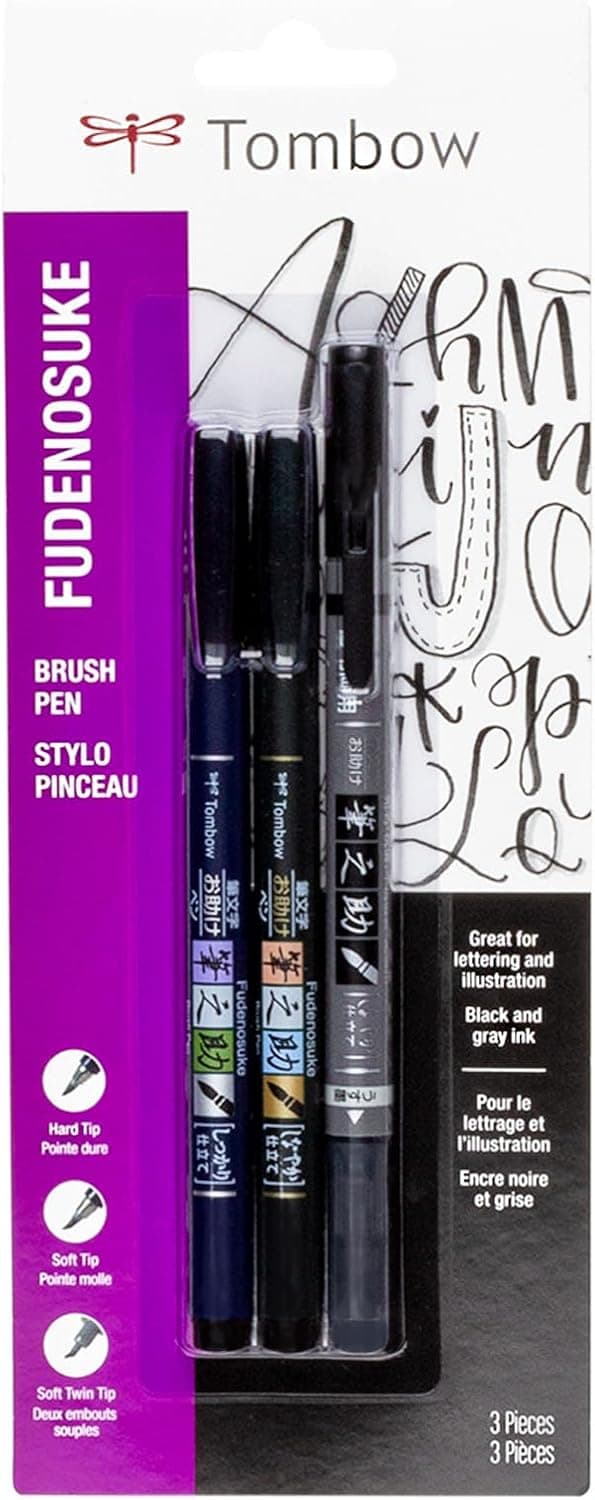 Tombow 62039 Fudenosuke Brush Pens, 3-Pack - Soft, Hard, and Twin Tip Markers for Calligraphy