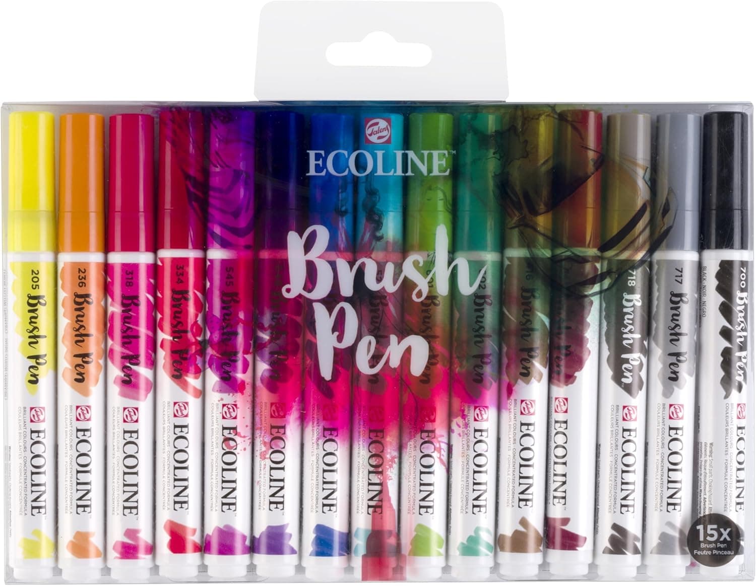 Ecoline Brush Pen Set of 15 Liquid Watercolor Pens - Basic Colors, Blendable Brush Markers for Hand Lettering