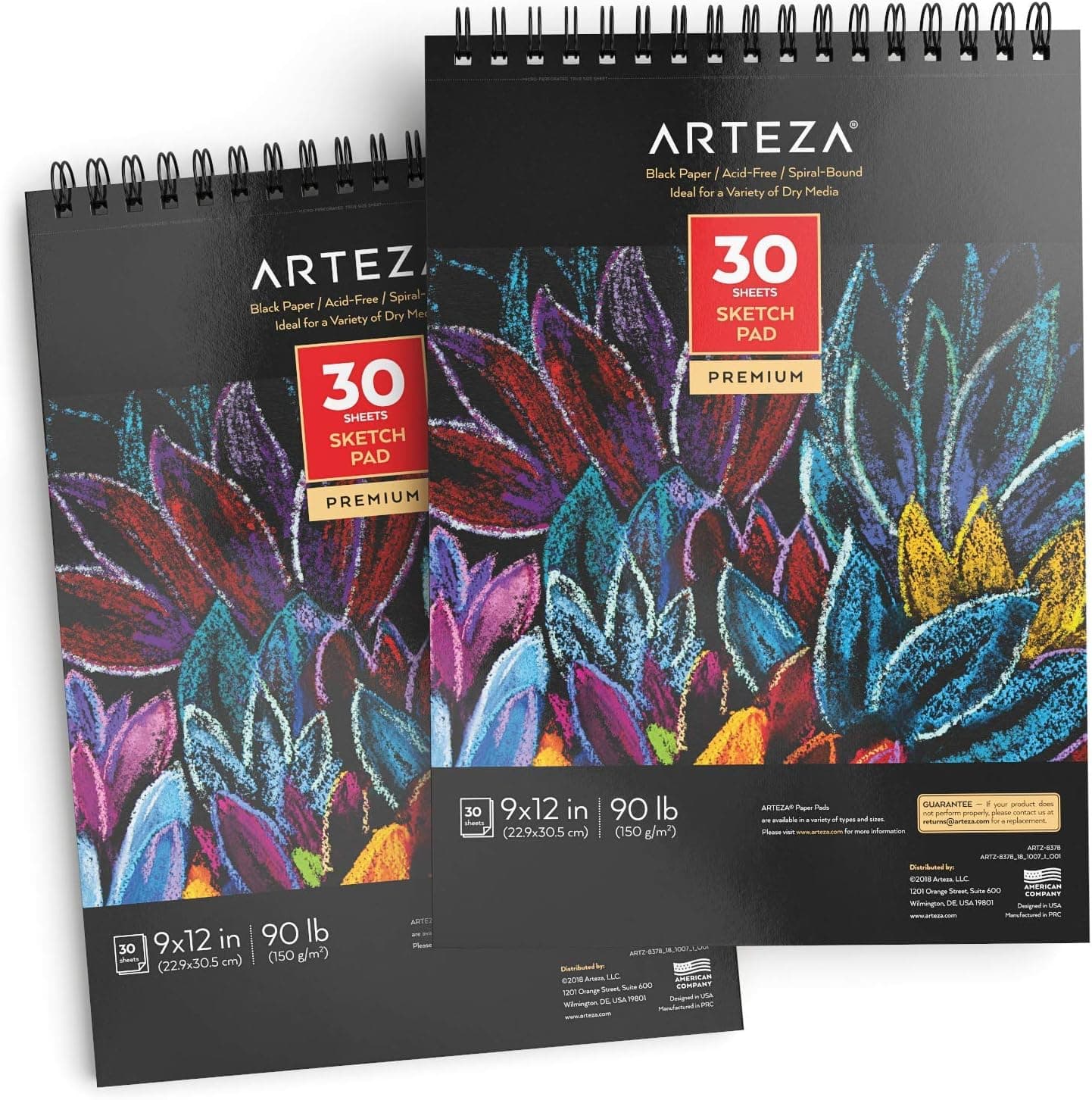 ARTEZA Spiral Sketch Book 9x12 Black Art Paper Drawing Pad 2 Pack 30 Sheets Sketch Pads for Drawing
