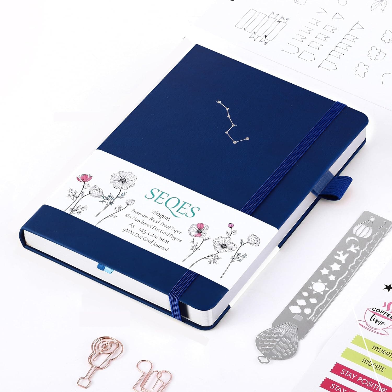 SeQeS A5 Bullet Dotted Journal Notebook - 160gsm Thick Bleedproof Paper, Lay Flat Binding, 160 Numbered Pages, Hard Cover Dot Grid Notebook
