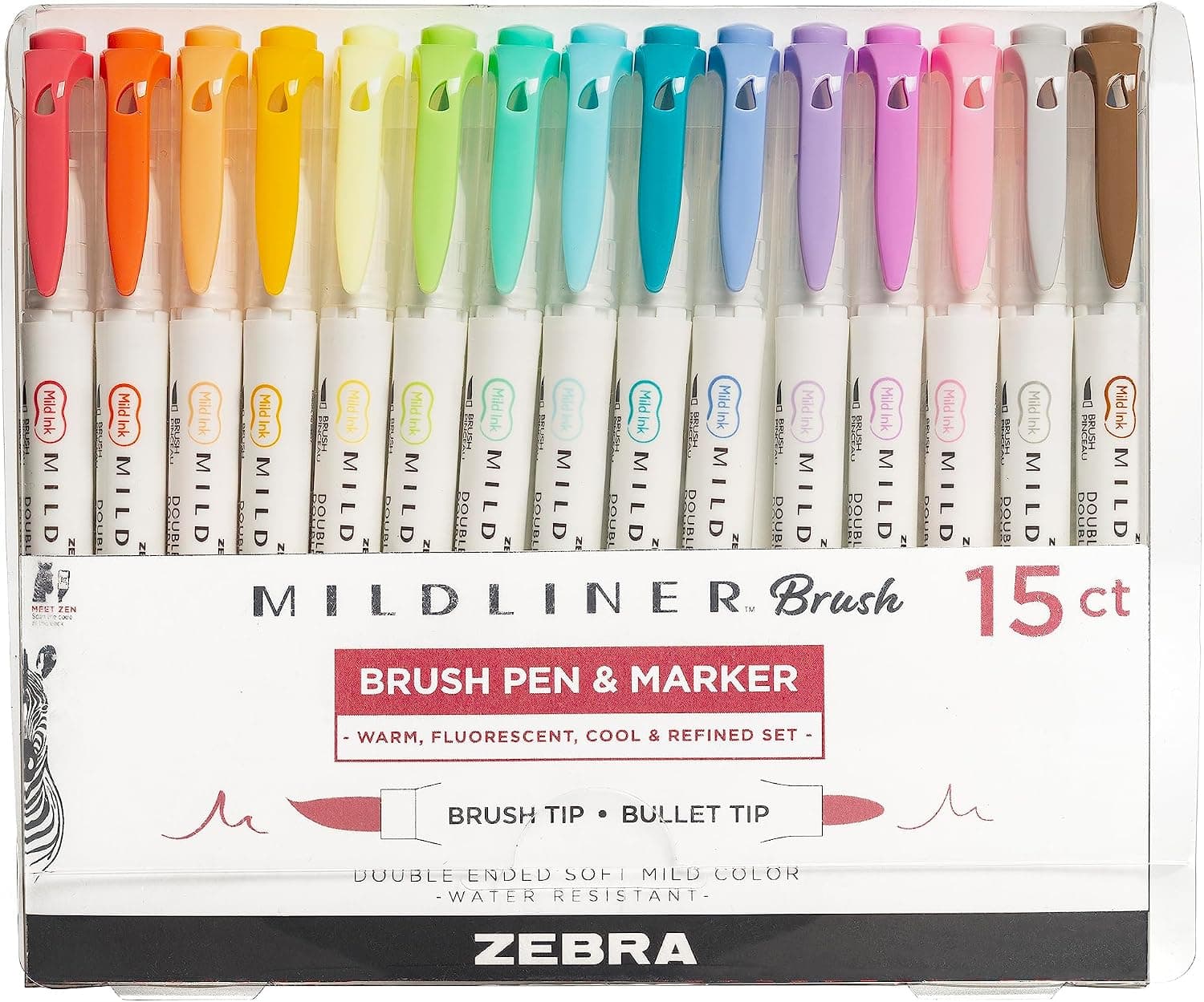 Zebra Pen MILDLINER No Bleed Brush Pen, Assorted Soft Colors, Dual Tip, 15-Pack