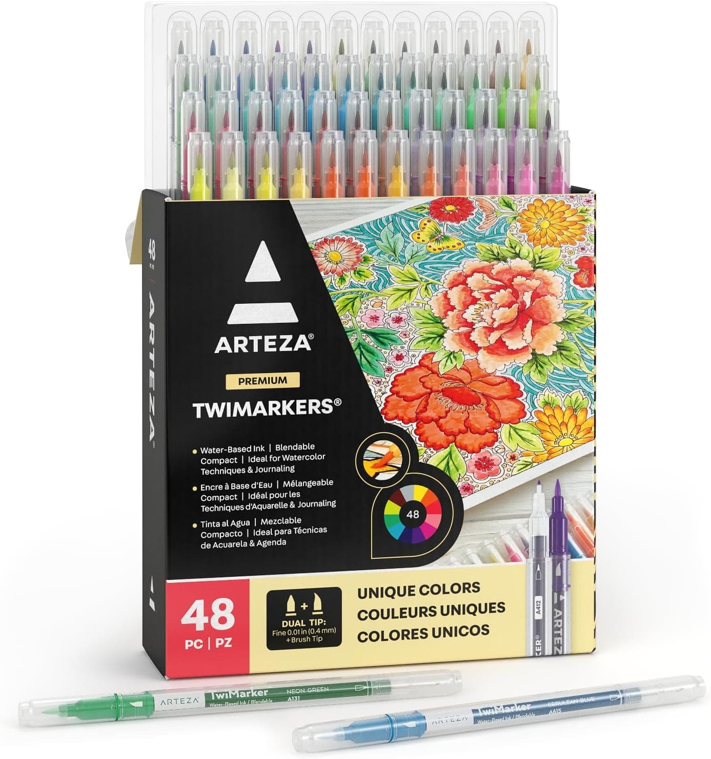 ARTEZA Dual Tip Brush Markers, Set of 48 Pens with Fine and Brush Tips, Water-Based Ink
