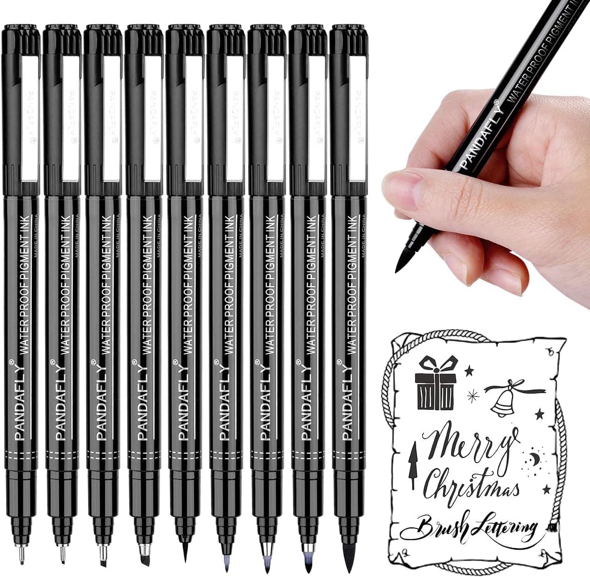 PANDAFLY Hand Lettering Pens, Calligraphy Brush Pen, 9 Size Art Markers Set for Beginners (Black)