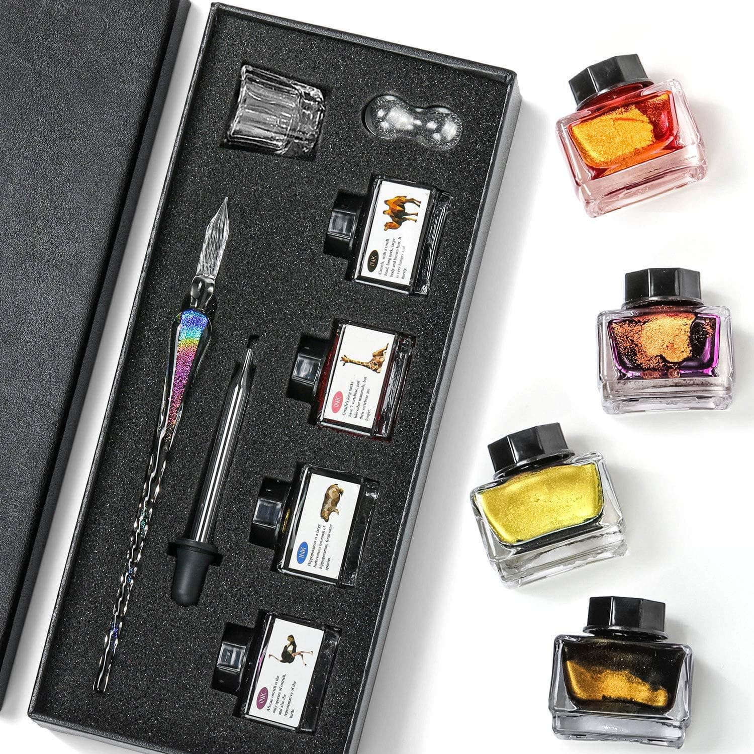 ESSSHOP Handmade Glass Dip Pen and Ink Set with 15ml Color Inks, Pen Holder and Cleaning Cup