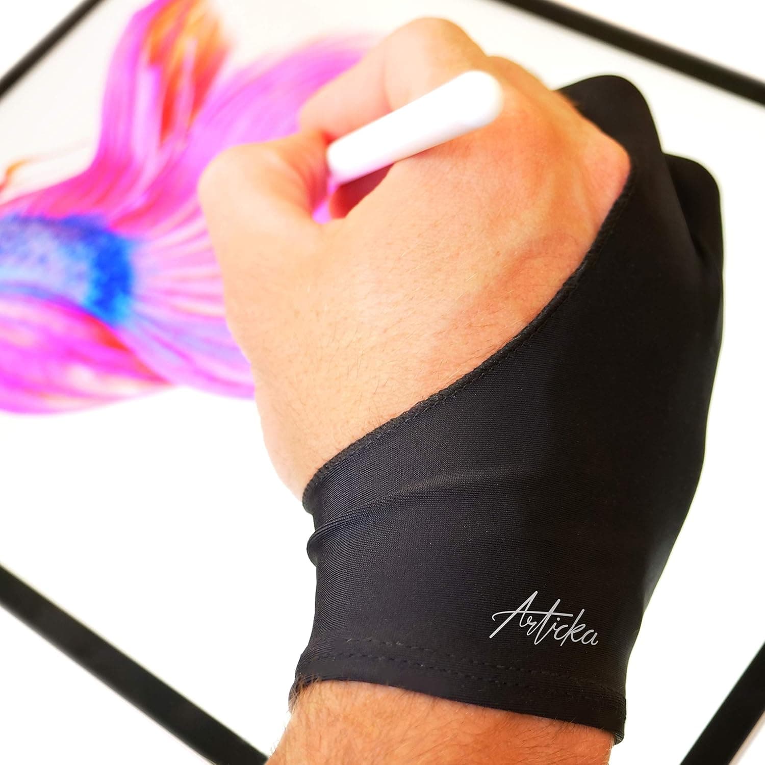 Articka Drawing Glove for Digital Drawing Tablet, iPad (Smudge Guard, Two-Finger, Elastic Lycra) Large, Black