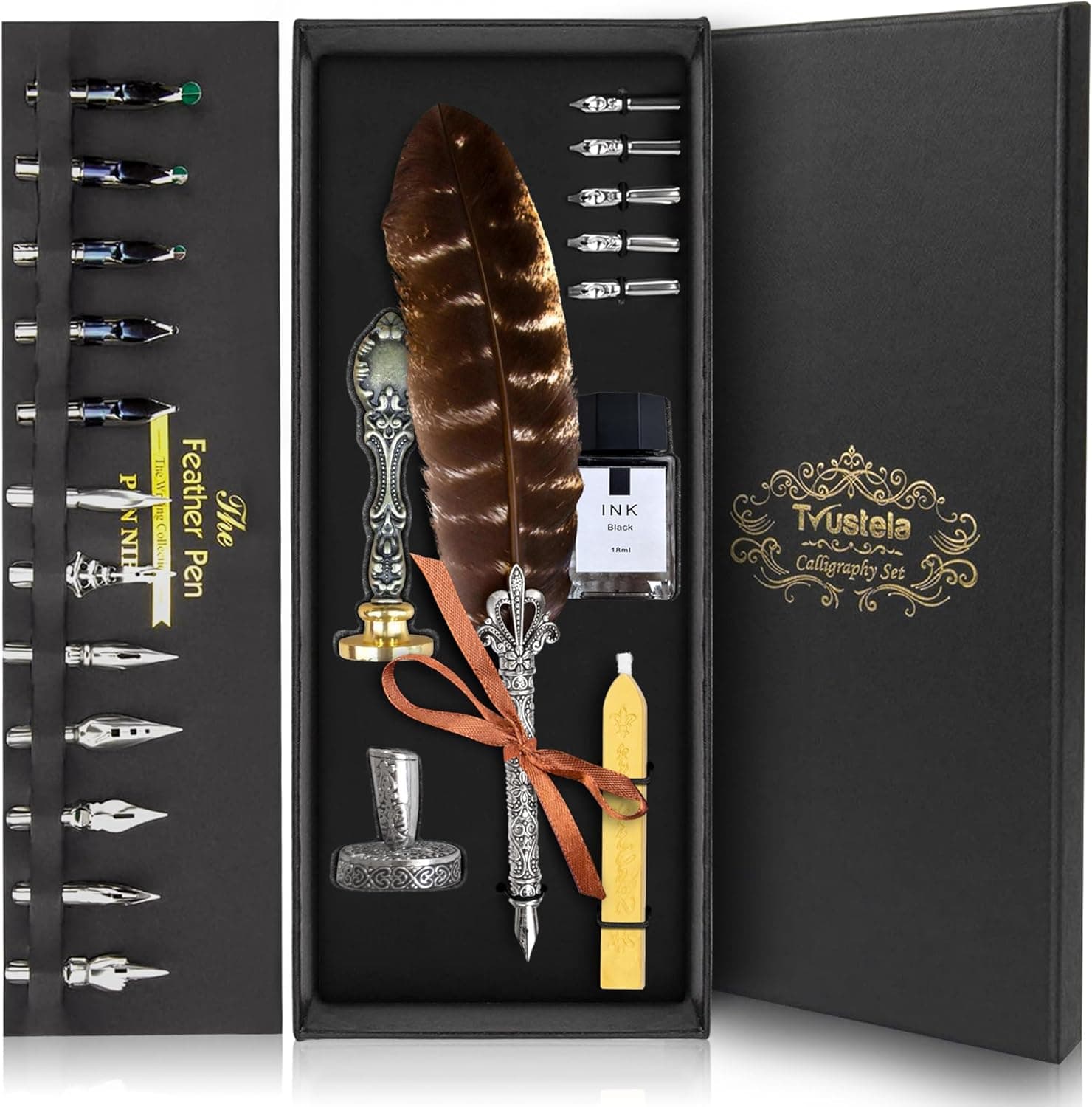Trustela Feather Quill Pen Set - Calligraphy Dip Pen Set with Big Feather Pen, 18 Calligraphy Nibs and Pen Holder in Gift Box (Natural Feather)