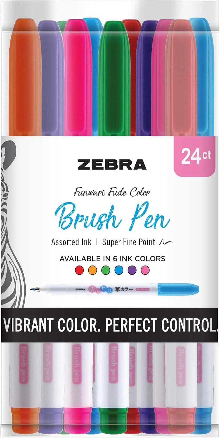 Zebra Pen Funwari Brush Pen, Super Fine Point, Assorted Colors, 24-Pack