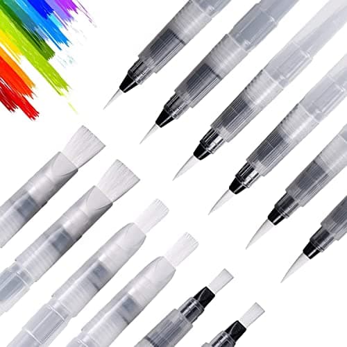 UPINS 12 Piece Water Color Brush Pen Set for Watercolor Paint Markers | Splatter-Free Shape-Retaining Nylon Tips, Artists and Hobbyists,Self-Moistening Controlled Flow,6 Assorted Varied Tip Pens