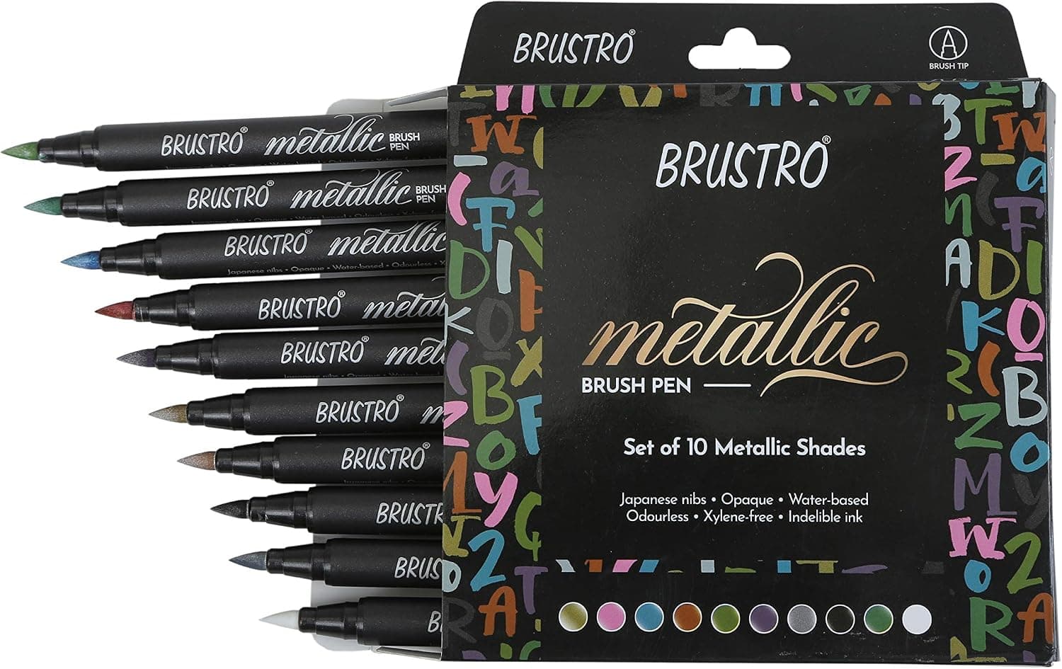 BRUSTRO Metallic Brush Pens, Soft Brush Tip for Calligraphy and Hand Lettering, Set of 10