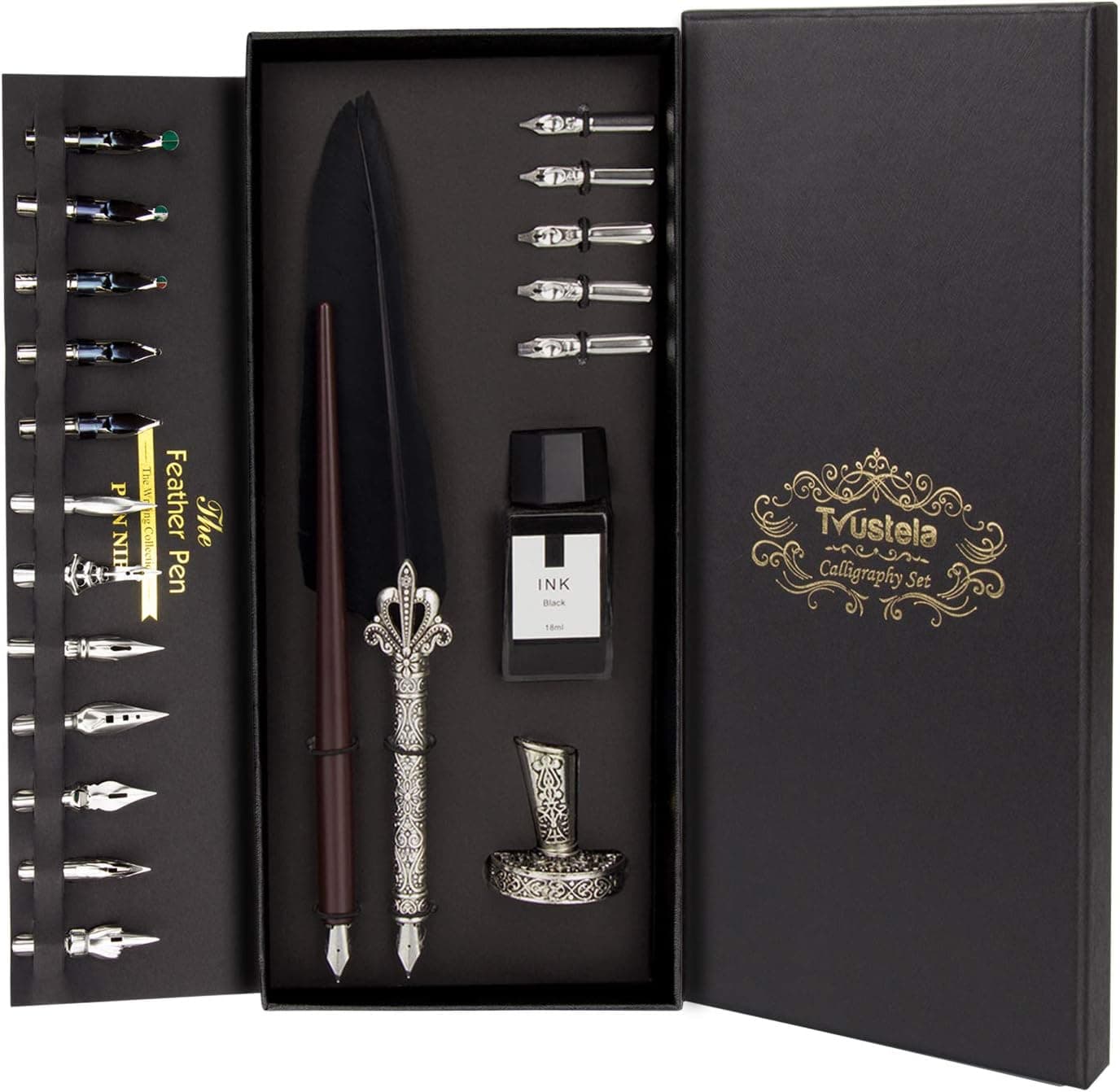 Trustela Calligraphy Set for Beginners, Wooden Dip Pen, Feather Quill, 19 Nibs, Ink Set, Gift Box