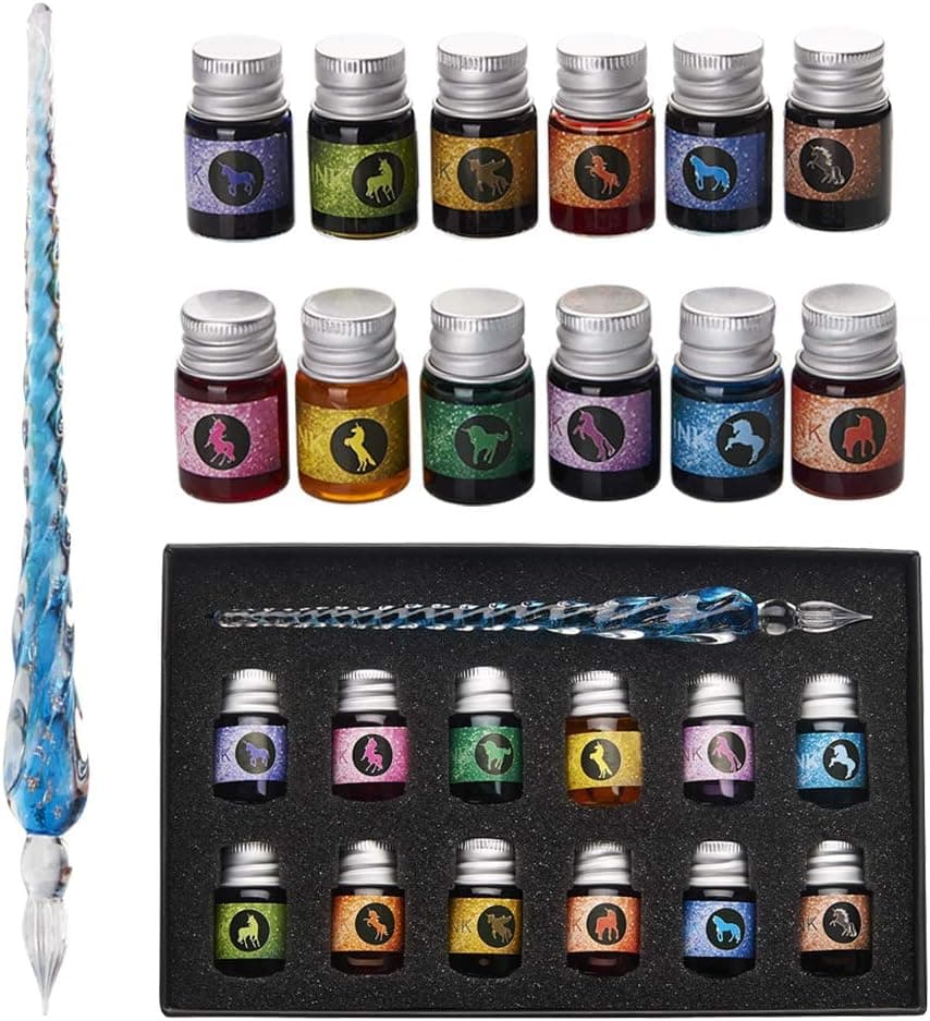 Mancola Glass Dipped Pen Ink Set, Handmade Crystal Calligraphy Pen with 12 Colorful India Inks